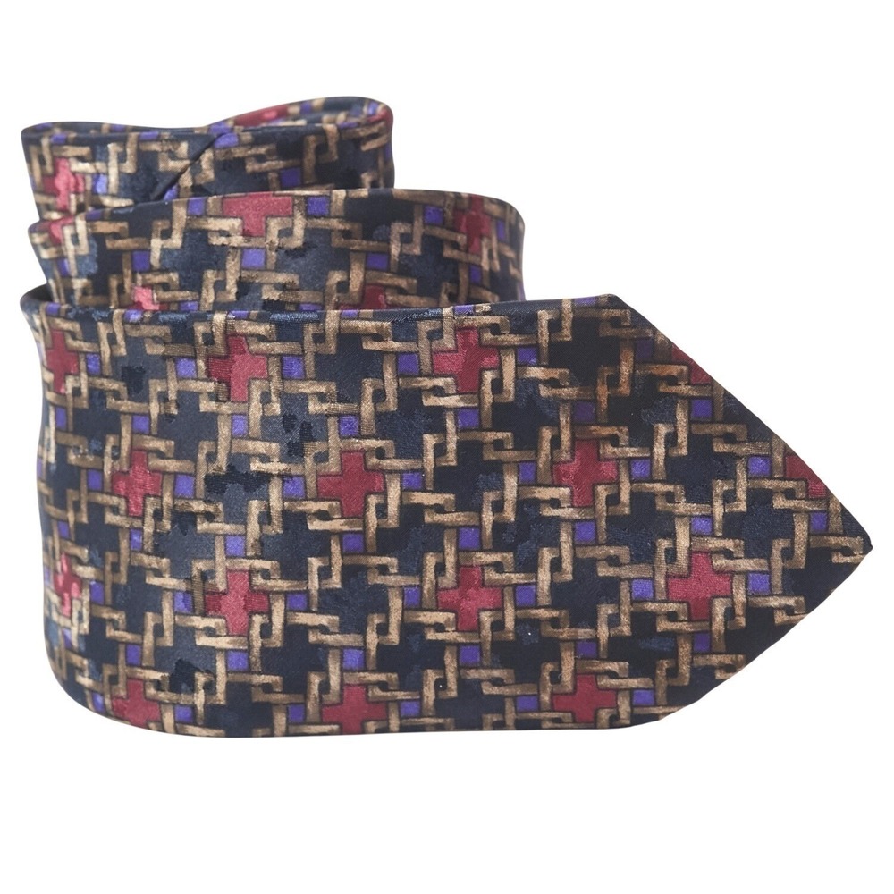 Christian Dior Men's Necktie USA Designer Geometric Pattern Navy/Burgundy EUC